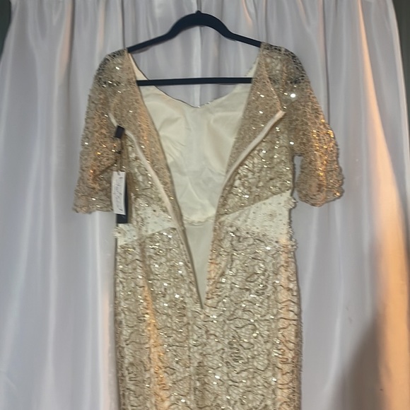 New with tags cream evening gown with champagne gold sequined overlay lace. - Picture 7 of 13